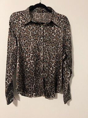 Leopard Print Button-Up Blouse - Brown